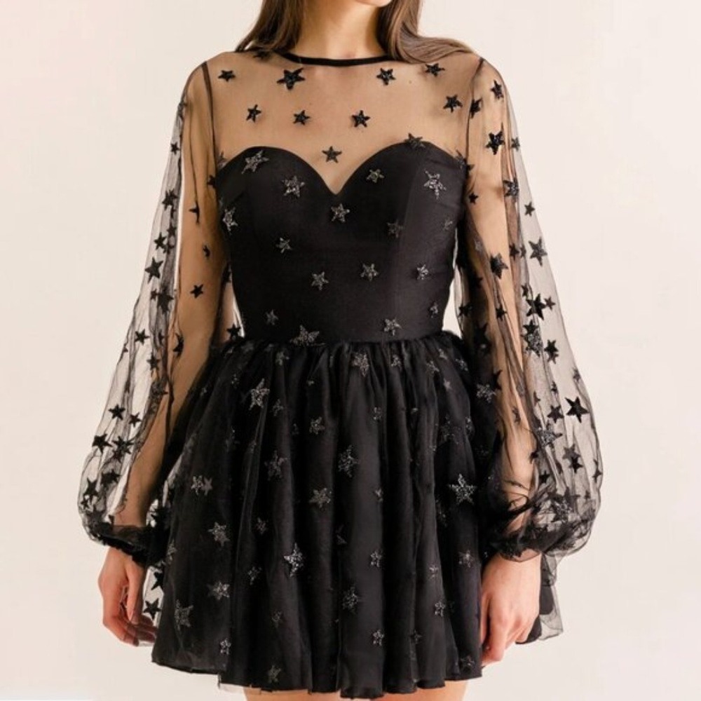 Lirika Matoshi Dress Tulle Mini Glitter Star Long Sleeve Mini Dress Size XL